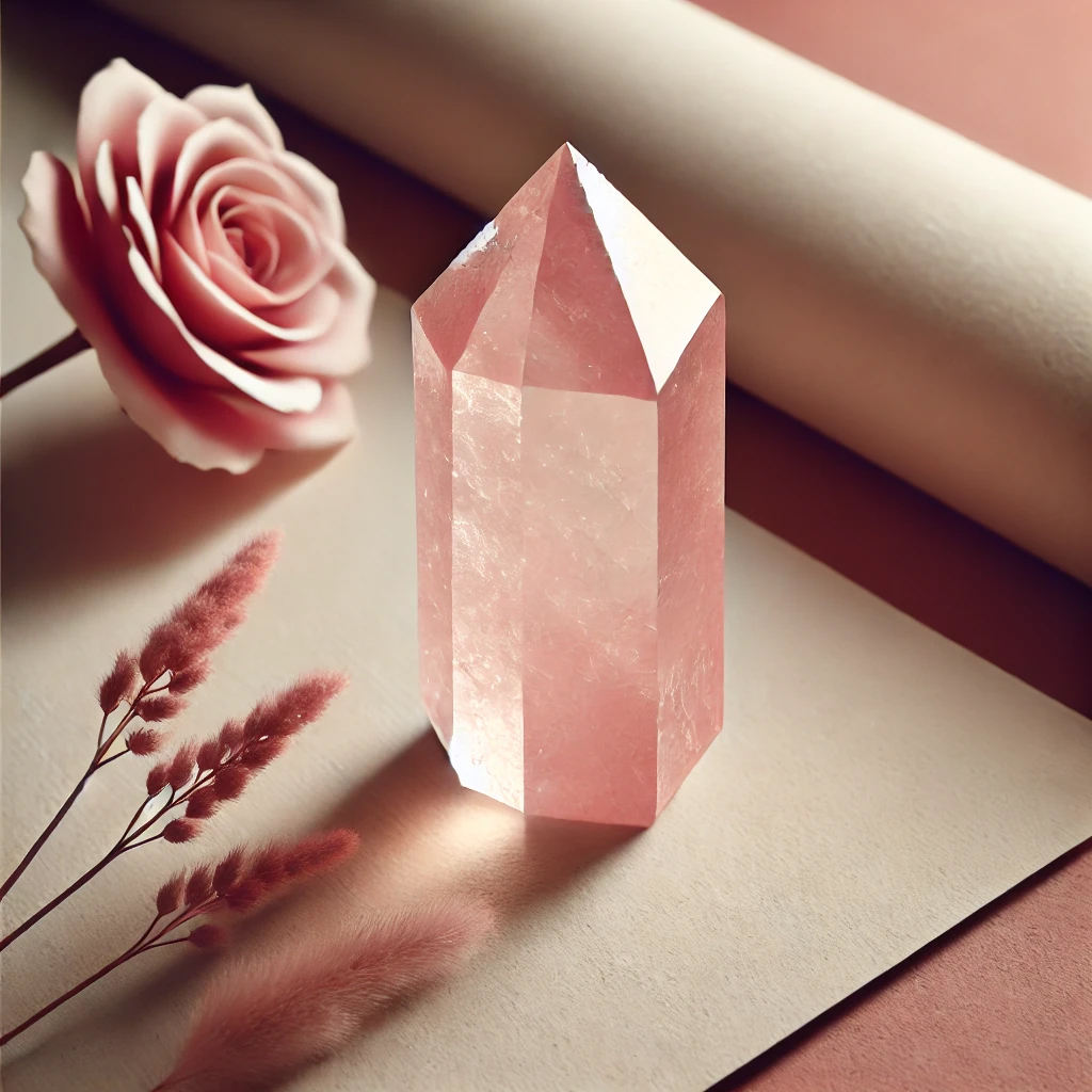 DALL%C2%B7E 2025 01 10 19.19.26 A polished Pink Calcite crystal with a point shape showcasing its soft and gentle pink hues. The crystals smooth surface and sharp point highlight i - カルサイトの意味と石言葉・効果について｜2025年版