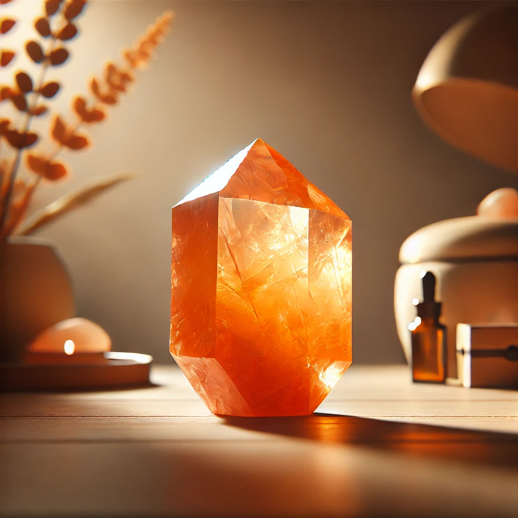 DALL%C2%B7E 2025 01 10 19.19.31 A stunning and detailed image featuring a polished Orange Calcite crystal. The stones vibrant orange hue glows softly highlighting its natural patte - カルサイトの意味と石言葉・効果について｜2025年版