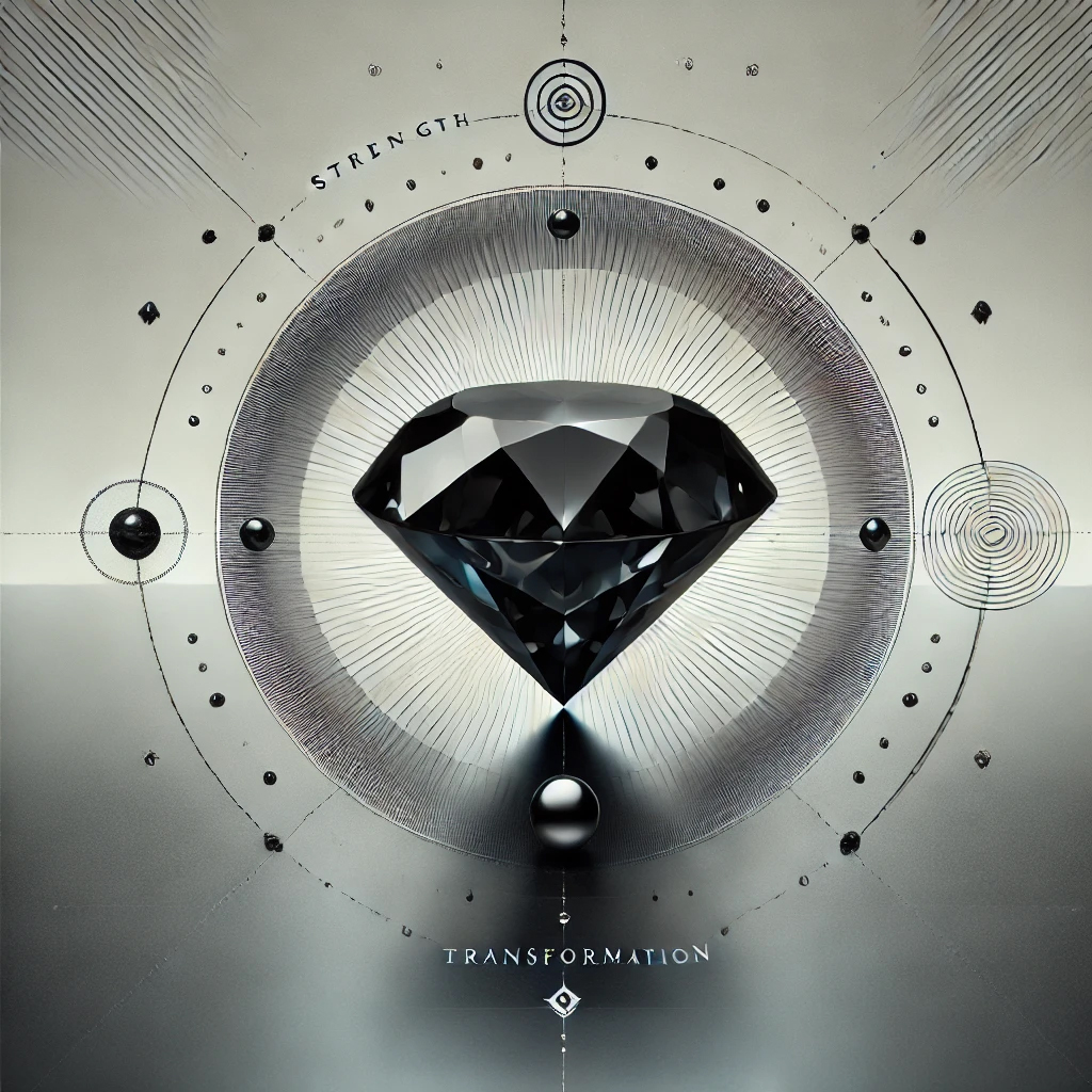 DALL%C2%B7E 2025 01 10 19.32.21 An elegant and symbolic image showcasing a polished Black Diamond as the centerpiece. The gemstone exudes a powerful mysterious energy with its deep  - ブラックダイヤモンドの意味・効果まとめ【相性の良い石の組み合わせも解説】
