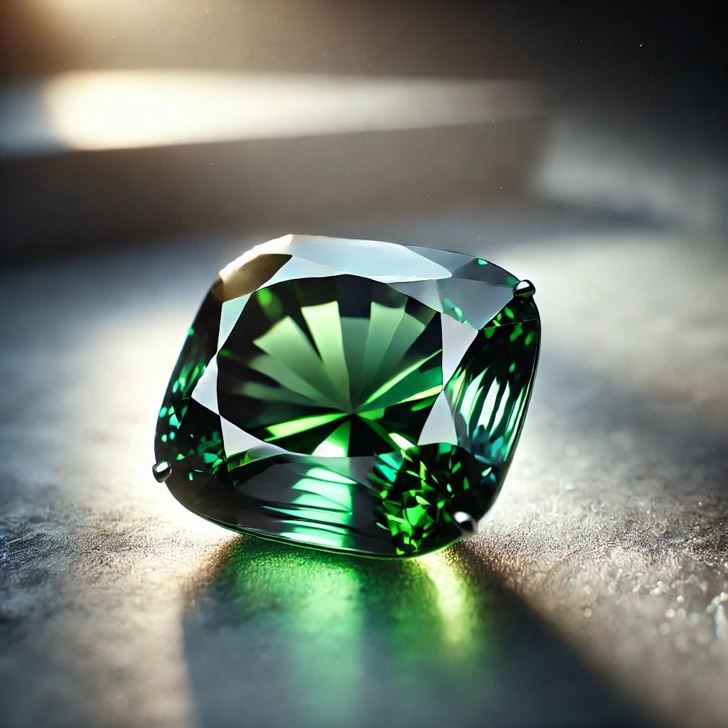 DALL%C2%B7E 2025 01 10 12.29.07 A visually stunning image showcasing a Chrome Diopside gemstone in its loose form. The gemstone features a vivid deep green color with exceptional cl - クロムダイオプサイトの意味・効果とは？見分け方や他の石との相性も解説