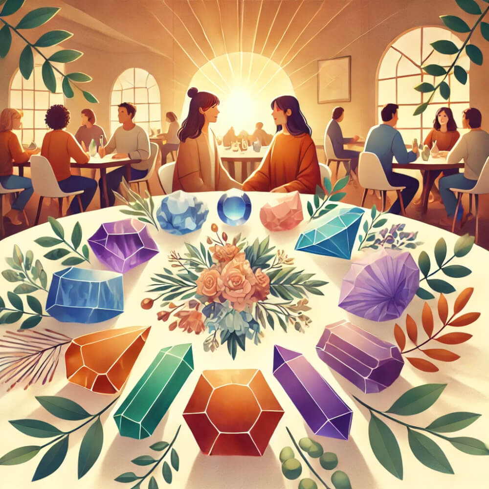 DALL%C2%B7E 2025 01 07 12.27.52 A warm and visually appealing illustration featuring ten powerful gemstones known for improving interpersonal relationships such as fluorite amethys - 対人運・人間関係に効くパワーストーン10選【悩みを解決する天然石を厳選】