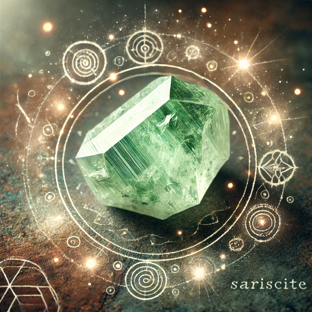 DALL%C2%B7E 2025 01 10 12.40.48 A creative and serene image featuring a raw Variscite crystal with a focus on its soft green color and unique texture. The crystal is surrounded by a - バリサイトの意味・効果とは？【パワーストーン・天然石専門家監修】