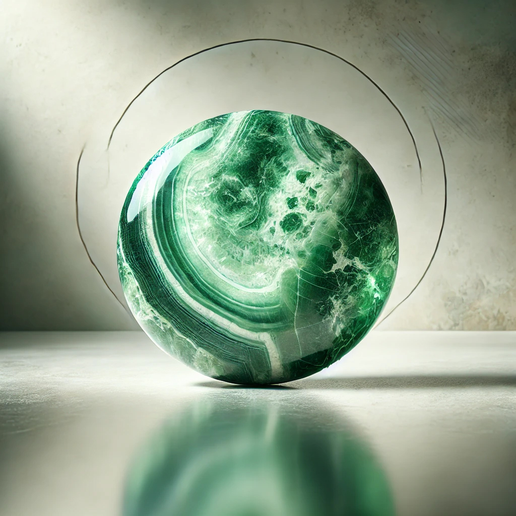 DALL%C2%B7E 2025 01 10 12.41.52 An artistic and serene image featuring a polished Variscite gemstone showcasing its green color with unique patterns and natural texture. The gemston - バリサイトの意味・効果とは？【パワーストーン・天然石専門家監修】