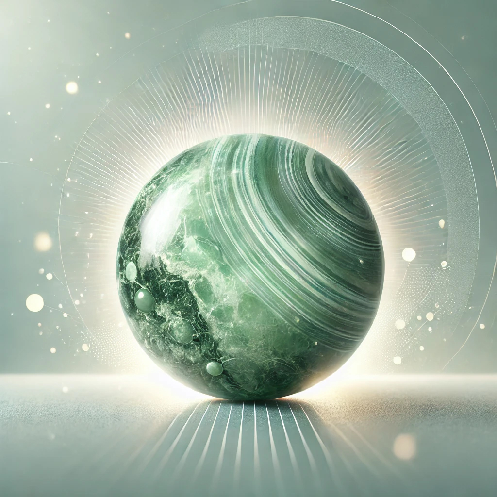 DALL%C2%B7E 2025 01 10 12.42.18 A serene and uplifting image featuring a polished Variscite gemstone showcasing its green hues and intricate natural patterns. The gemstone radiates  - バリサイトの意味・効果とは？【パワーストーン・天然石専門家監修】