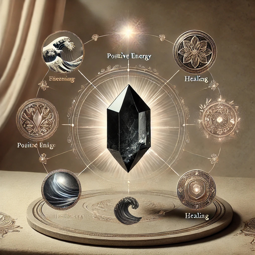 DALL%C2%B7E 2025 01 09 18.04.34 An elegant and mystical image showcasing a Morion black quartz crystal prominently symbolizing its various attributed effects. Surrounding the crys - パワーストーンとしてのモリオンの効果はすごい！注意点などを解説