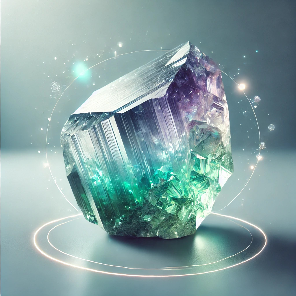 DALL%C2%B7E 2025 01 09 19.18.13 A striking and elegant image featuring a raw Fluorite crystal showcasing its natural multi colored layers including shades of green purple and blu - パワーストーンとしてのフローライトの意味を専門家が解説