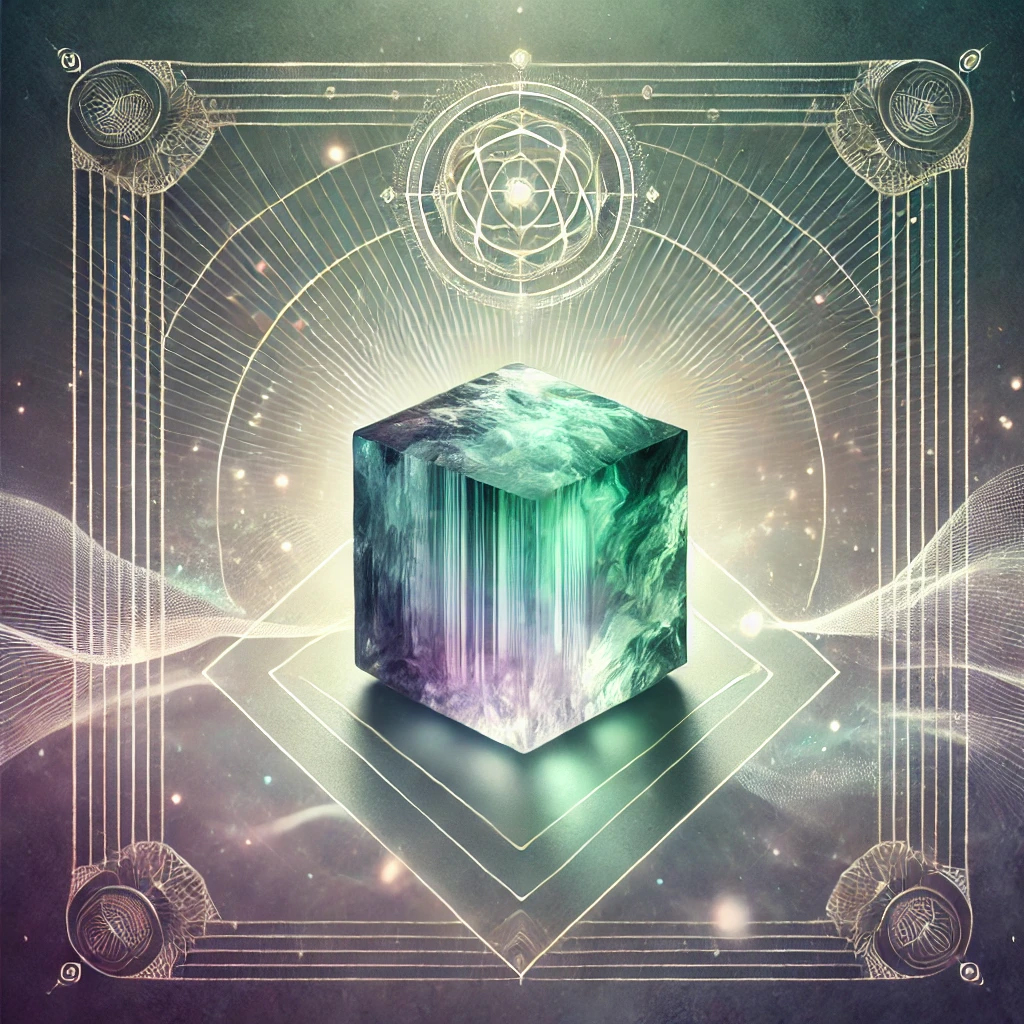 DALL%C2%B7E 2025 01 09 19.24.02 A serene and mystical image featuring a square shaped Fluorite crystal showcasing its natural layered hues of green purple and blue. The crystal is - パワーストーンとしてのフローライトの意味を専門家が解説