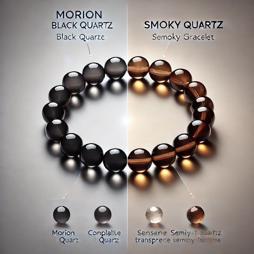 DALL%C2%B7E 2025 01 10 19.38.28 An informative and visually clear image comparing a Morion black quartz bracelet and a Smoky Quartz bracelet. The Morion bracelet is shown with comp - モリオン（黒水晶）ブレスレットの意味・効果とは？本物の見分け方も解説