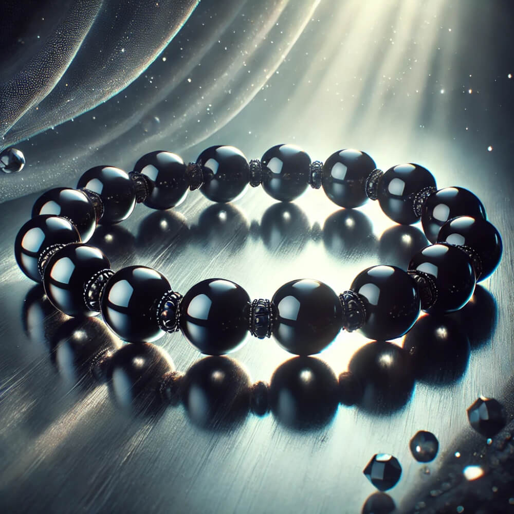 DALL%C2%B7E 2025 01 07 11.38.57 An artistic and elegant depiction of a polished Morion black quartz gemstone bracelet showcasing its deep black glossy beads. The bracelet is arra - モリオンを身に付けるときの注意点とは？合わない人も紹介します