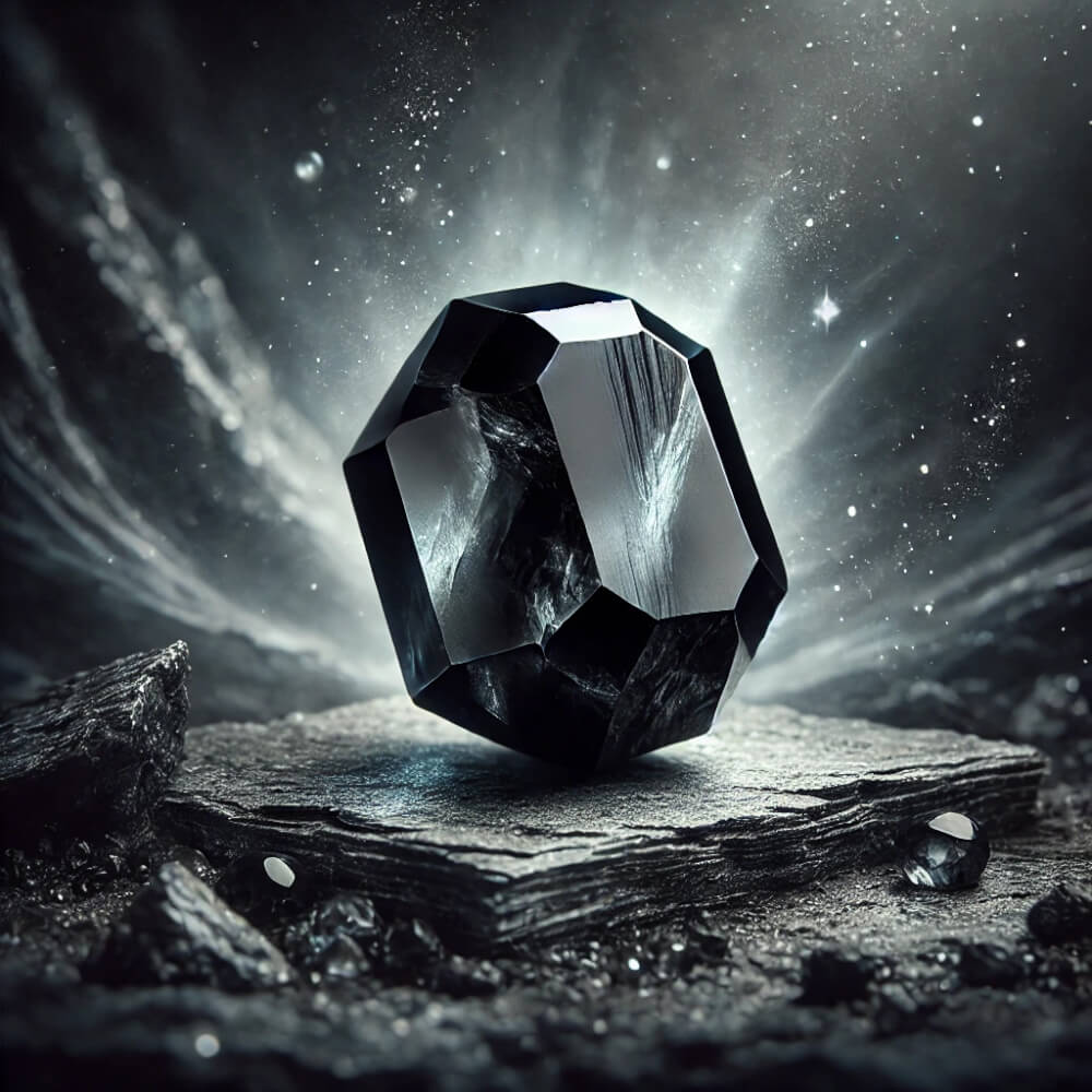 DALL%C2%B7E 2025 01 07 11.39.30 A striking and mystical depiction of a raw Morion black quartz gemstone emphasizing its natural dark matte textures. The Morion is placed on a nat - モリオンを身に付けるときの注意点とは？合わない人も紹介します