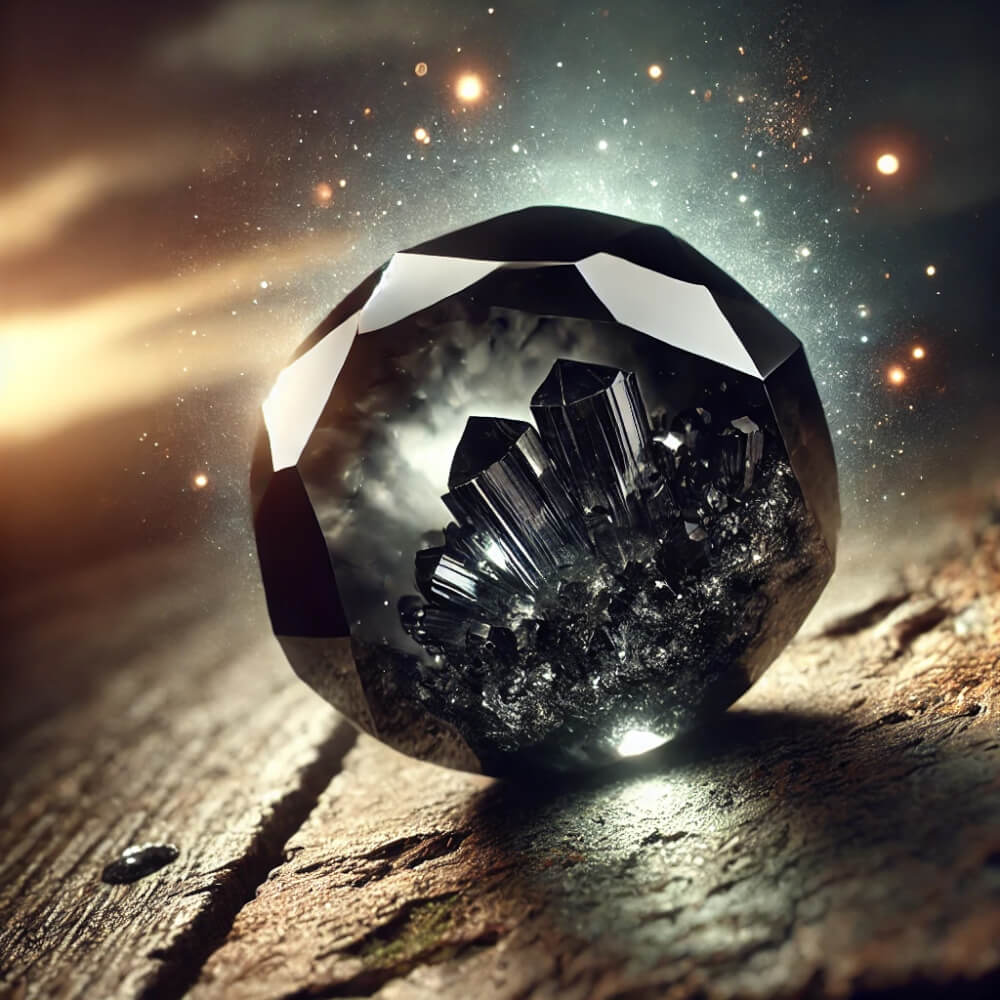 DALL%C2%B7E 2025 01 07 11.41.24 A detailed and artistic depiction of a raw Morion black quartz gemstone showcasing its deep black and translucent qualities. The Morion is placed o - モリオンを身に付けるときの注意点とは？合わない人も紹介します