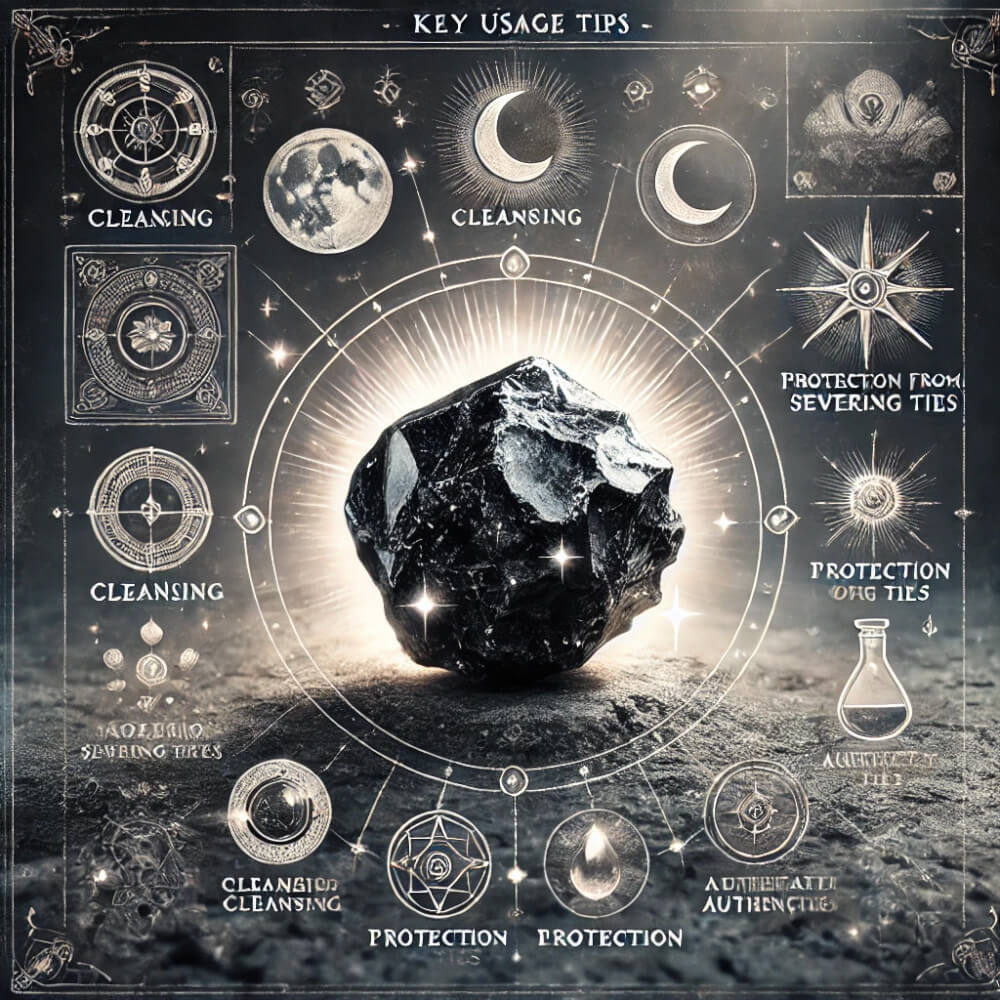 DALL%C2%B7E 2025 01 07 11.45.32 An artistic and educational depiction of a raw Morion black quartz gemstone surrounded by visual elements symbolizing its key usage tips. The Morion - モリオンを身に付けるときの注意点とは？合わない人も紹介します