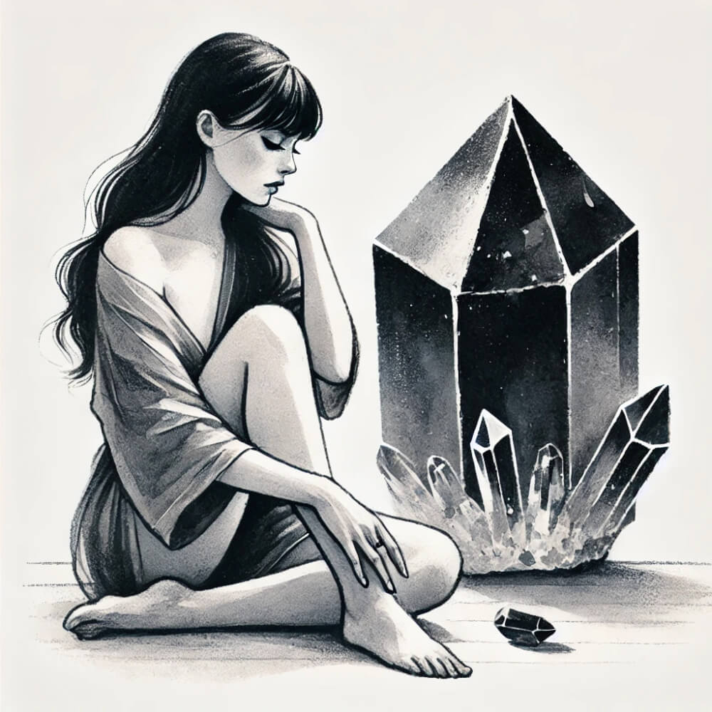 DALL%C2%B7E 2025 01 07 18.21.32 A delicate and thoughtful illustration featuring a raw black quartz Morion crystal and a sensitive woman. The woman appears introspective sitting c - 【怖い】モリオンの強すぎる効果とは？不思議な体験談や恋愛効果について