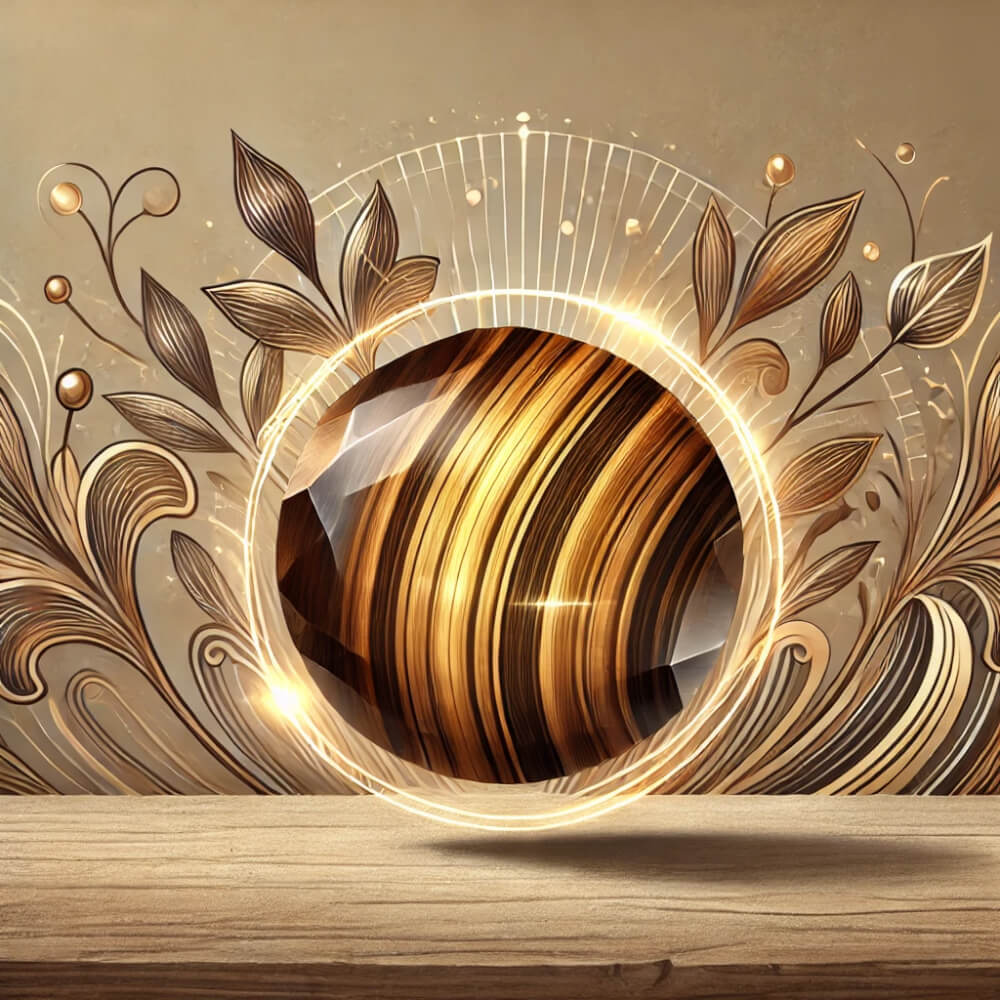 DALL%C2%B7E 2025 01 04 22.47.32 A visually captivating illustration of a raw Tigers Eye gemstone designed to highlight its empowering effects for women. The Tigers Eye exhibits it - 驚きの効果を解説！タイガーアイのパワーに迫る