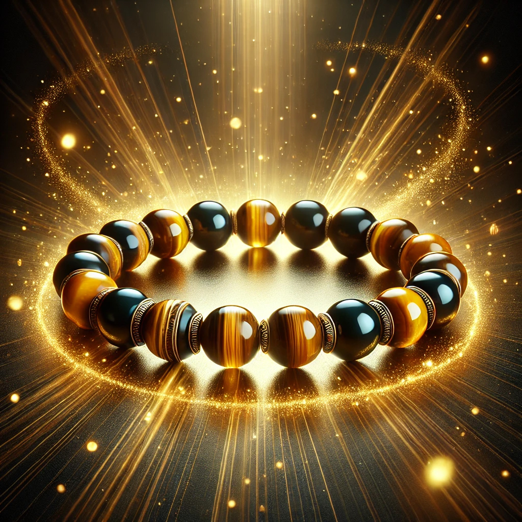 DALL%C2%B7E 2025 02 12 12.58.05 A high quality digital image of a Tigers Eye bracelet glowing with a golden aura symbolizing success and prosperity. The bracelet is made of polish - 成功を掴むタイガーアイの石言葉｜金運・仕事運を引き寄せる方法