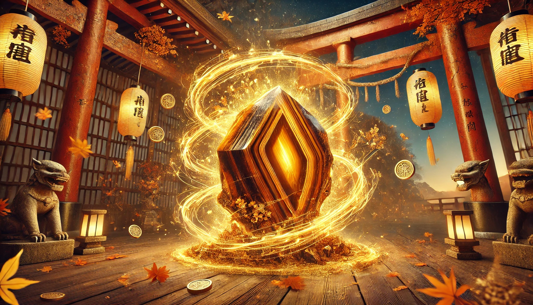 DALL%C2%B7E 2025 02 12 13.08.32 A digital painting of a raw tiger%E2%80%99s eye gemstone with a rugged unpolished surface radiating an immense aura of success and prosperity in a tradition - 成功を掴むタイガーアイの石言葉｜金運・仕事運を引き寄せる方法