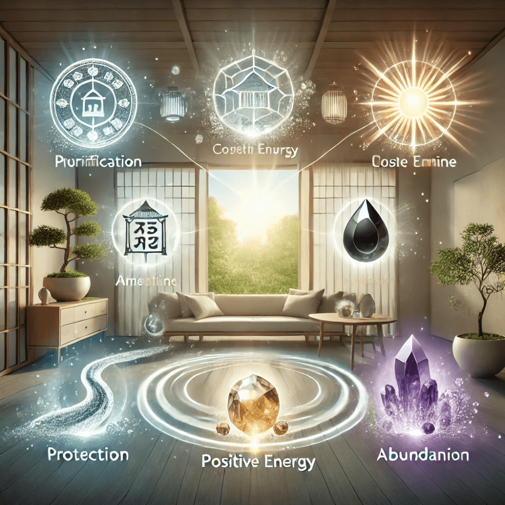 DALL%C2%B7E 2024 12 12 11.25.51 A symbolic illustration showing the effects of placing power stones in a home entrance. The image features a serene genkan area with glowing power sto - 玄関の浄化におすすめのパワーストーン４選！置き方や効果も解説します