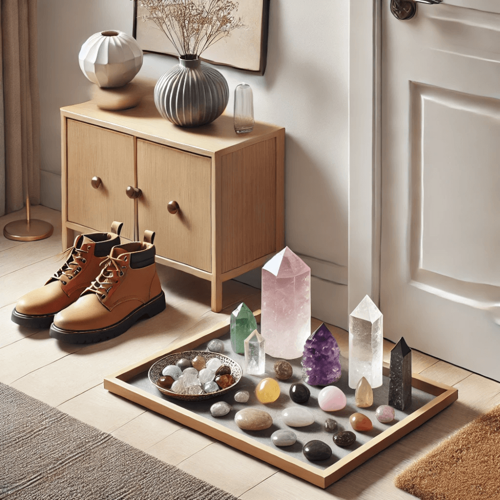 DALL%C2%B7E 2024 12 12 11.28.16 A visually pleasing arrangement of power stones in a home entrance genkan area. The image features a small decorative tray with power stones like clea - 玄関の浄化におすすめのパワーストーン４選！置き方や効果も解説します