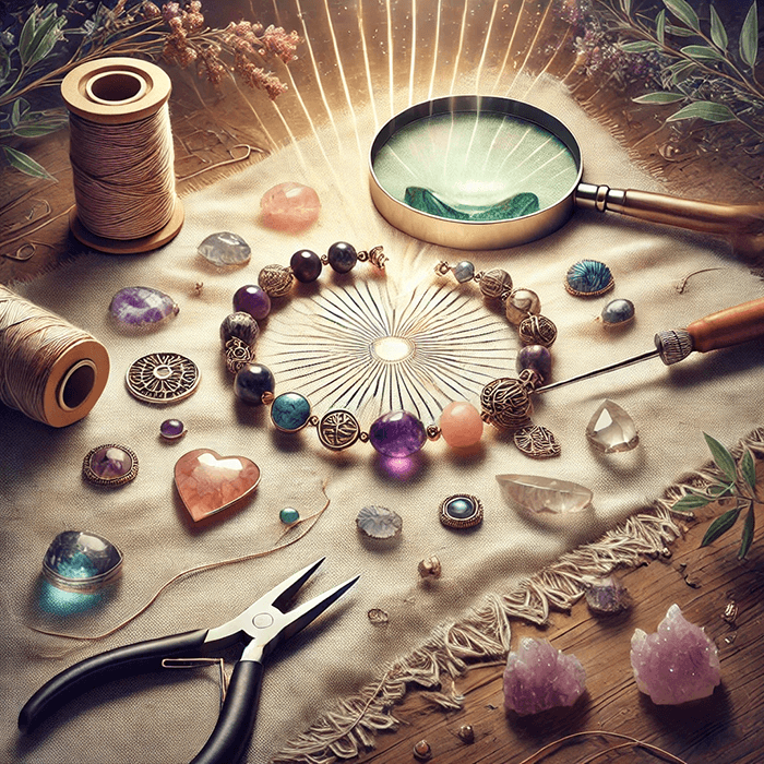 DALL%C2%B7E 2024 12 12 12.23.45 A symbolic and informative image showing the meaning and repair process of a broken power stone bracelet. The scene includes a broken bracelet with sc - パワーストーンのブレスレットが切れたときの意味は？修理方法も解説