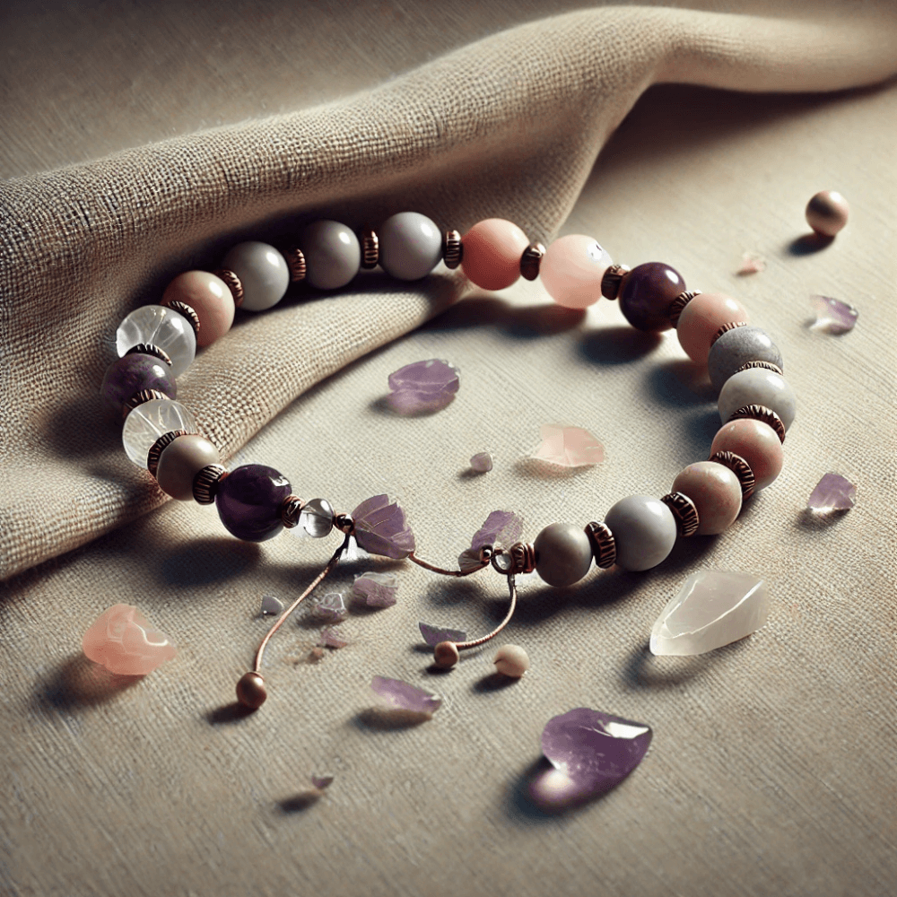 DALL%C2%B7E 2024 12 12 12.23.50 A realistic and symbolic image of a broken power stone bracelet. The scene features a bracelet with scattered gemstones like amethyst rose quartz an - パワーストーンのブレスレットが切れたときの意味は？修理方法も解説