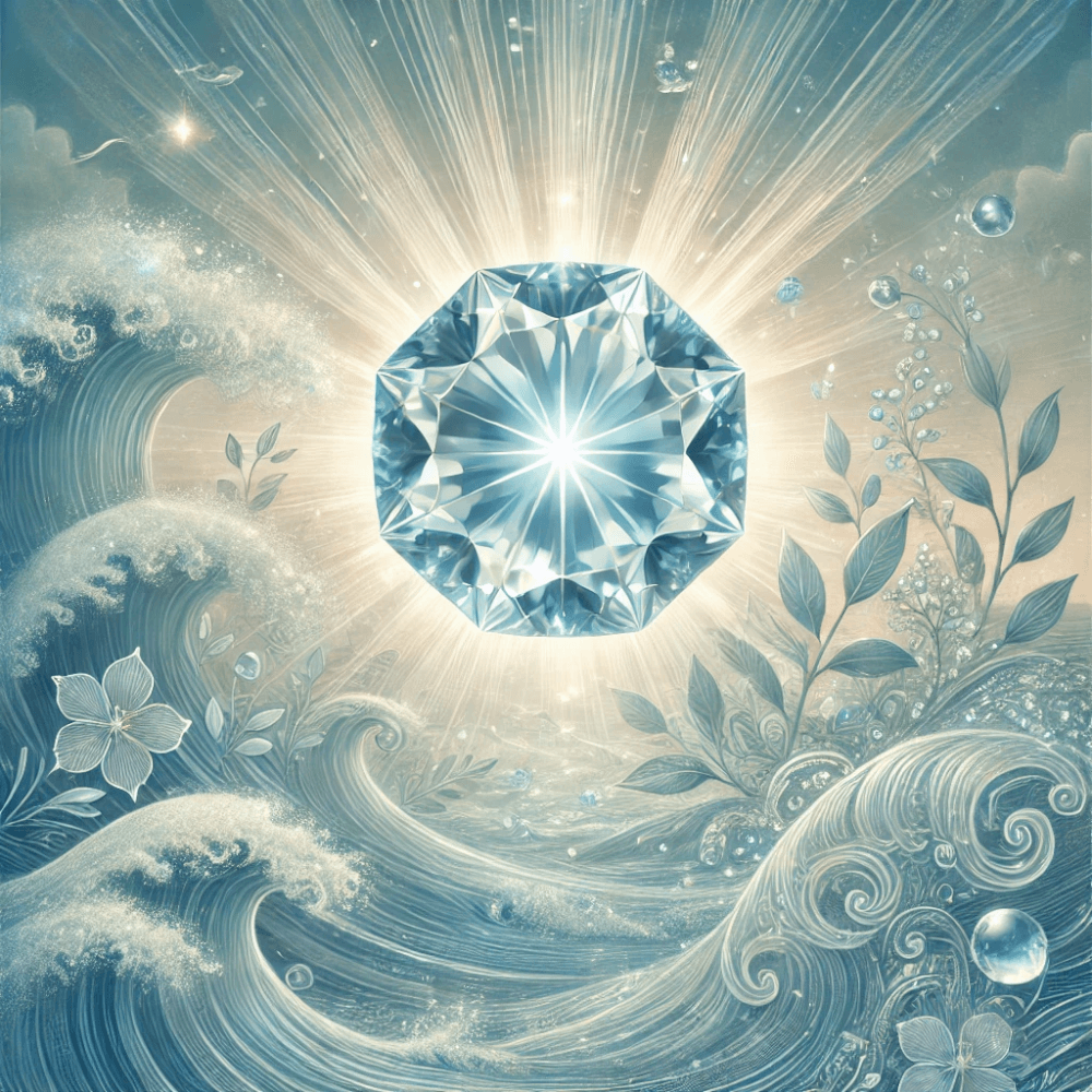 DALL%C2%B7E 2024 12 12 12.31.24 An elegant and detailed depiction of aquamarine as the primary March birthstone. The scene features a sparkling aquamarine gemstone as the focal point - ３月の誕生石でアクアマリン以外はある？誕生石の意味も解説します