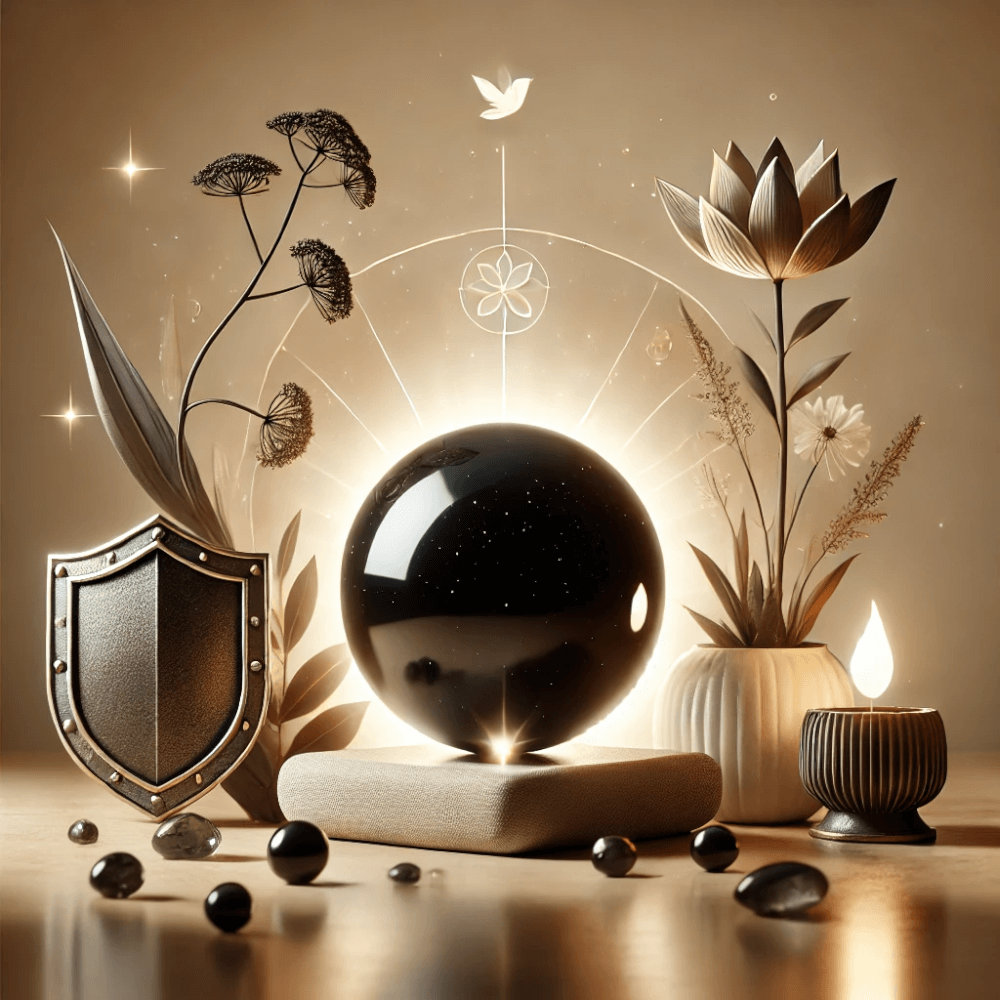 DALL%C2%B7E 2024 12 12 13.55.32 A serene and inspirational depiction of the type of person who would benefit from carrying onyx. The scene features a glowing black onyx gemstone plac - オニキスは霊的エネルギーからの防御効果がある？体験談も紹介します