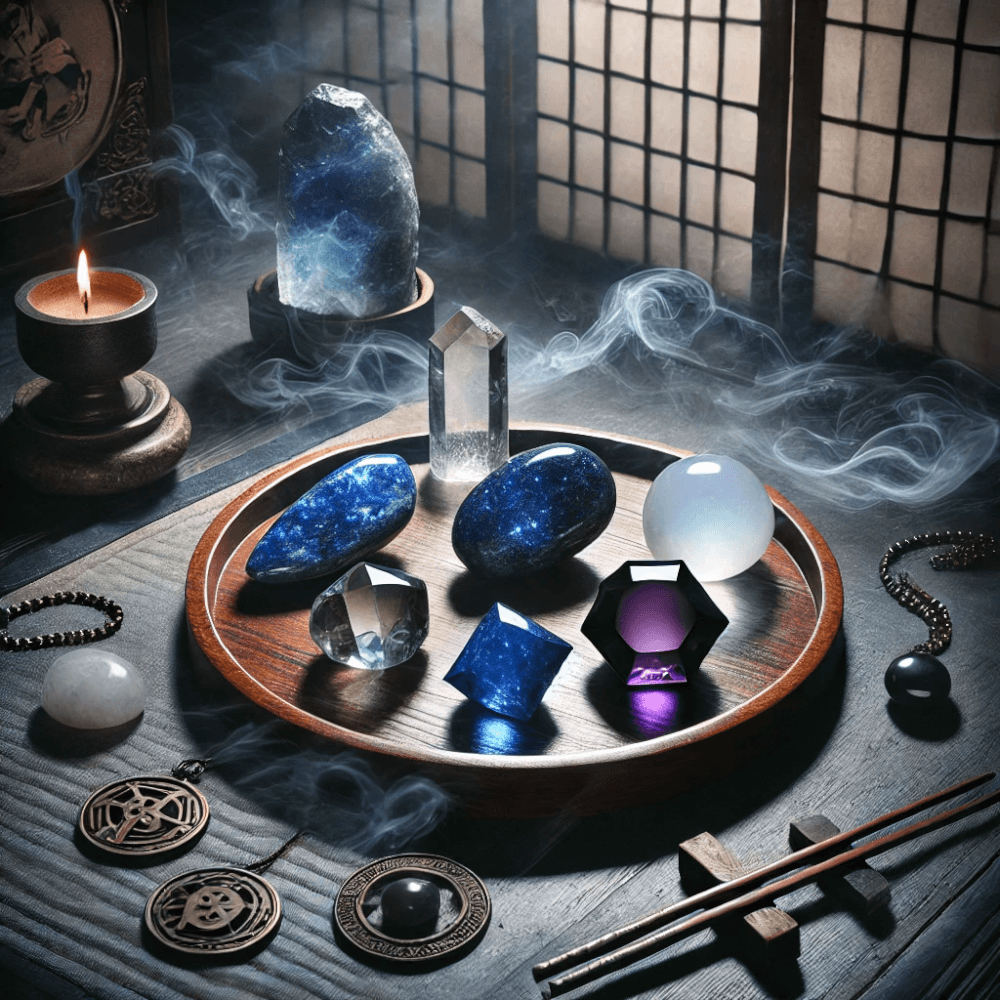 DALL%C2%B7E 2024 12 12 14.21.24 A mystical and serene depiction of protective power stones featuring lapis lazuli clear quartz morion black quartz smoky quartz and jade %E7%BF%A1%E7%BF%A0.  - 霊を寄せ付けない魔除けのパワーストーン５選！厄除け効果最強の石を厳選