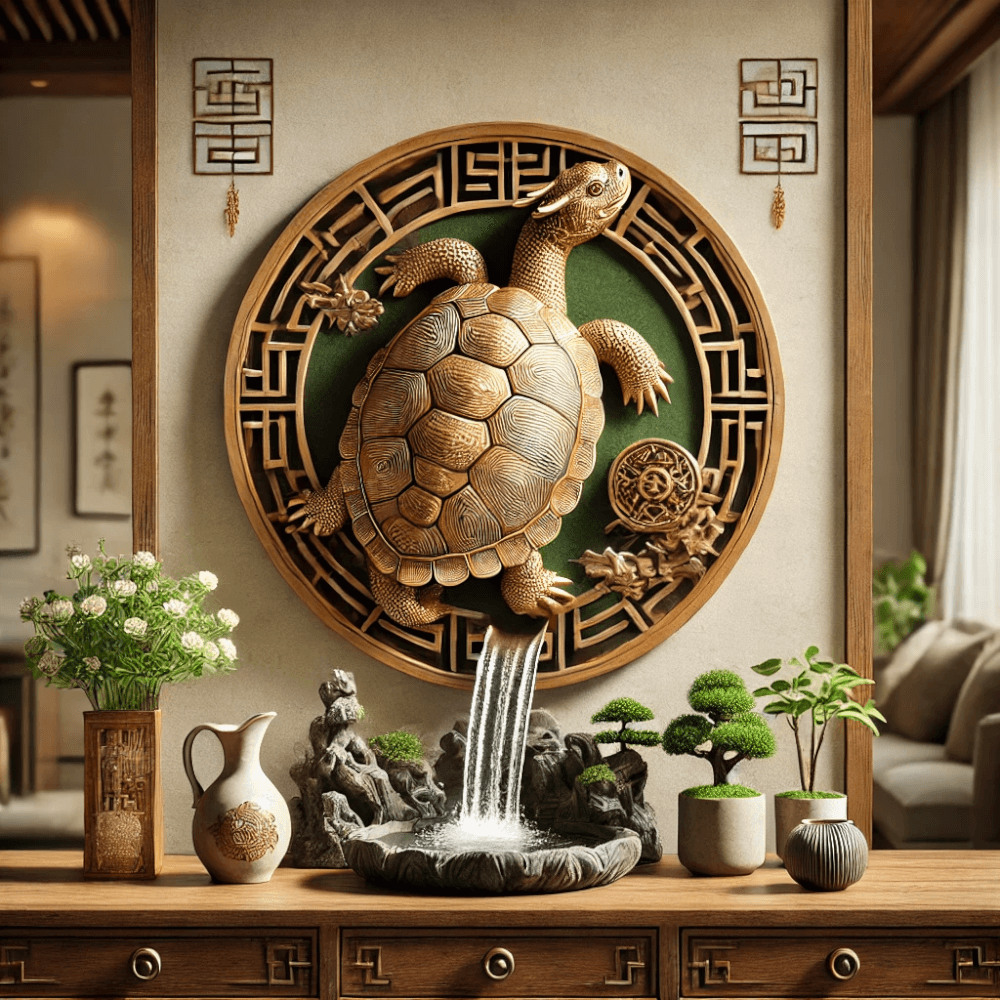 DALL%C2%B7E 2024 12 13 11.56.49 An artistic and feng shui inspired depiction of the ideal placement for a dragon turtle Long Gui. The dragon turtle is intricately detailed with gol - 龍亀（ロングイ）の意味・効果とは？体験談や置き場所、風水も解説