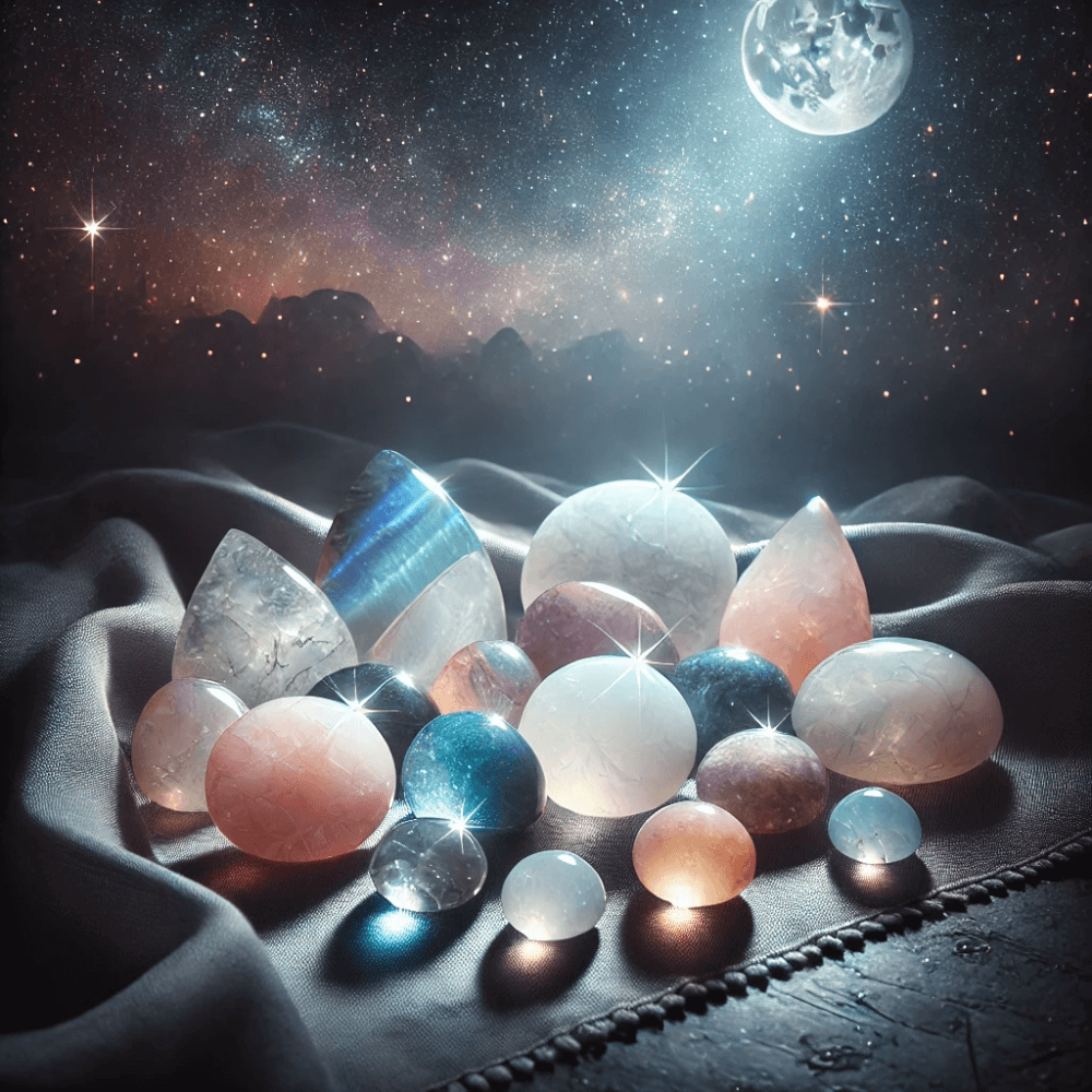 DALL%C2%B7E 2024 12 13 14.07.14 A beautiful and artistic depiction showcasing various types of moonstones including rainbow white peach and gray varieties. Each stone is placed o - ムーンストーンの種類とは？色や石言葉や意味・効果を解説します