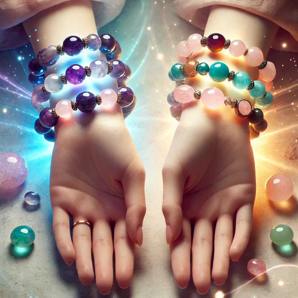 DALL%C2%B7E 2024 12 17 13.43.51 An elegant and symbolic image featuring two hands adorned with power stone bead bracelets showcasing the choice of wearing them on the right or left  - パワーストーンブレスレットは右手と左手のどちらに付けるべき？