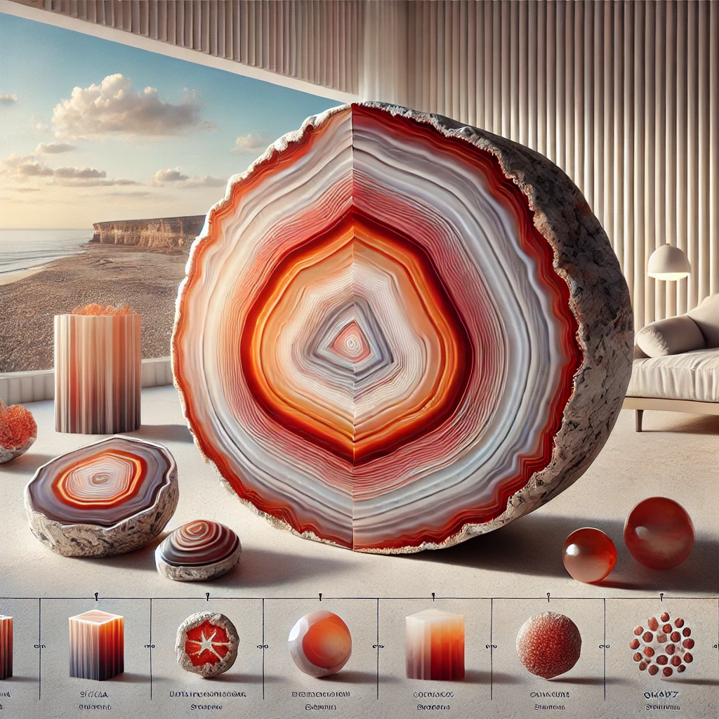 DALL%C2%B7E 2024 12 17 22.38.07 A detailed and educational depiction featuring Agate %E7%91%AA%E7%91%99 showcasing its mineralogical characteristics. The image highlights a polished Agate stone w - 瑪瑙（めのう）の意味・効果とは？石言葉やアゲートとの違いも解説します