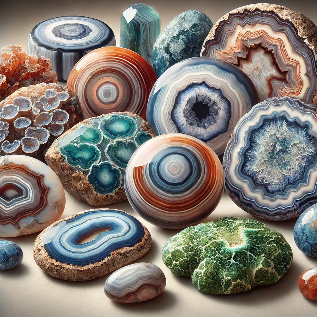 DALL%C2%B7E 2024 12 17 22.42.16 A detailed and artistic depiction showcasing various types of agate %E7%91%AA%E7%91%99 highlighting their diverse colors and patterns. The image features polished  - 瑪瑙（めのう）の意味・効果とは？石言葉やアゲートとの違いも解説します