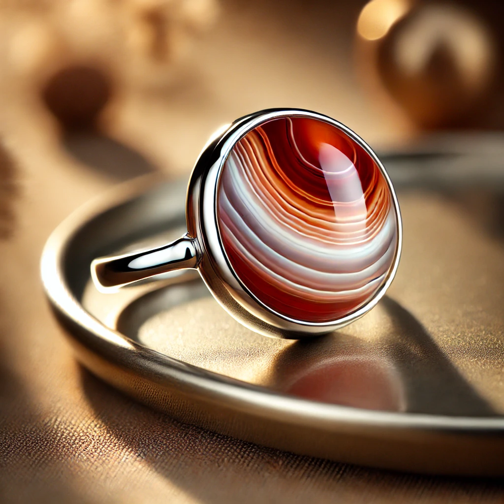DALL%C2%B7E 2024 12 17 22.46.19 A beautifully crafted ring featuring polished agate %E7%91%AA%E7%91%99 as the centerpiece. The ring showcases a vibrant agate stone with natural banded patterns in  - 瑪瑙（めのう）の意味・効果とは？石言葉やアゲートとの違いも解説します