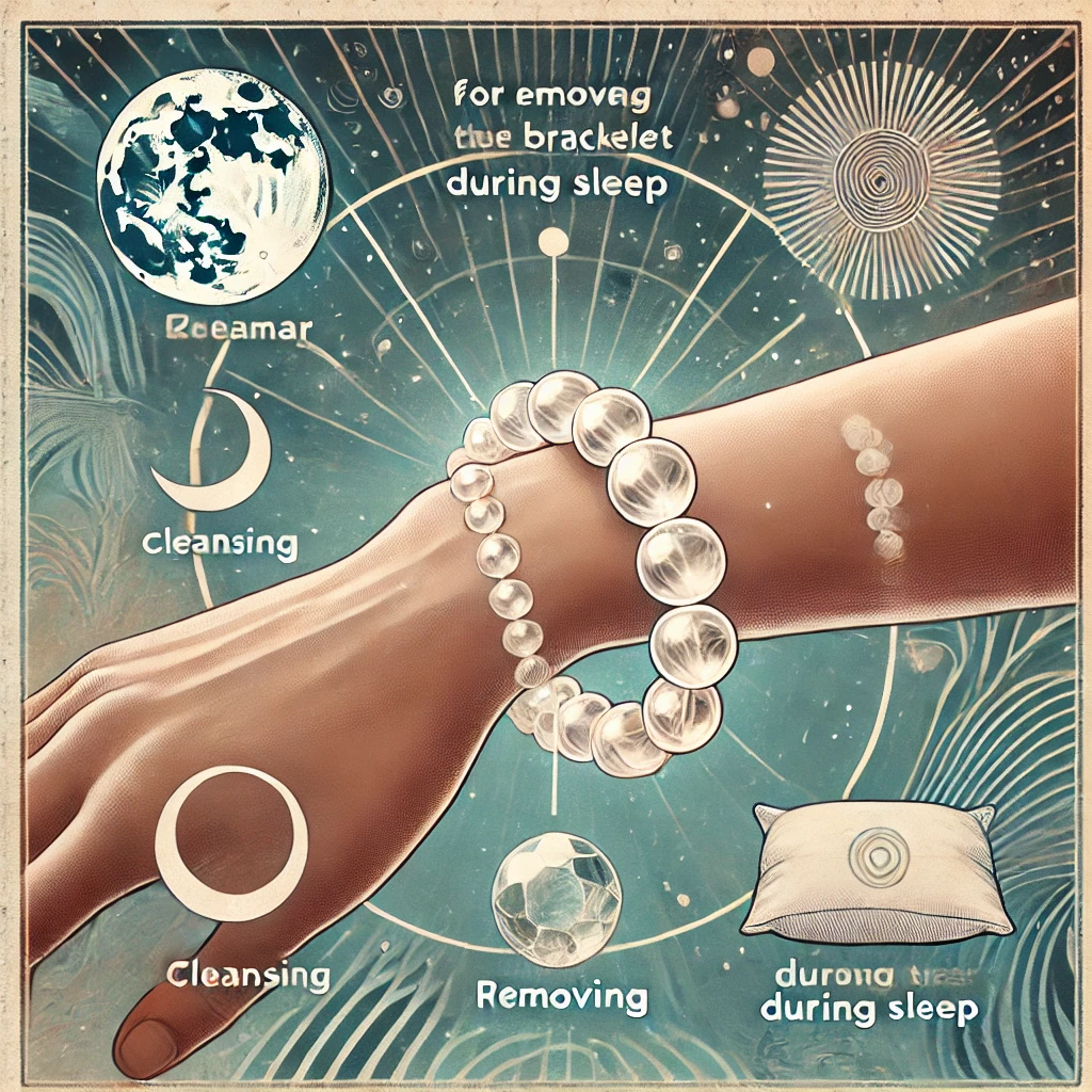 DALL%C2%B7E 2024 12 19 09.58.42 An artistic and educational illustration demonstrating the proper way to wear a crystal quartz bracelet. The bracelet composed of clear quartz beads - 水晶のブレスレットは良くない？効果的な身に付け方を解説します