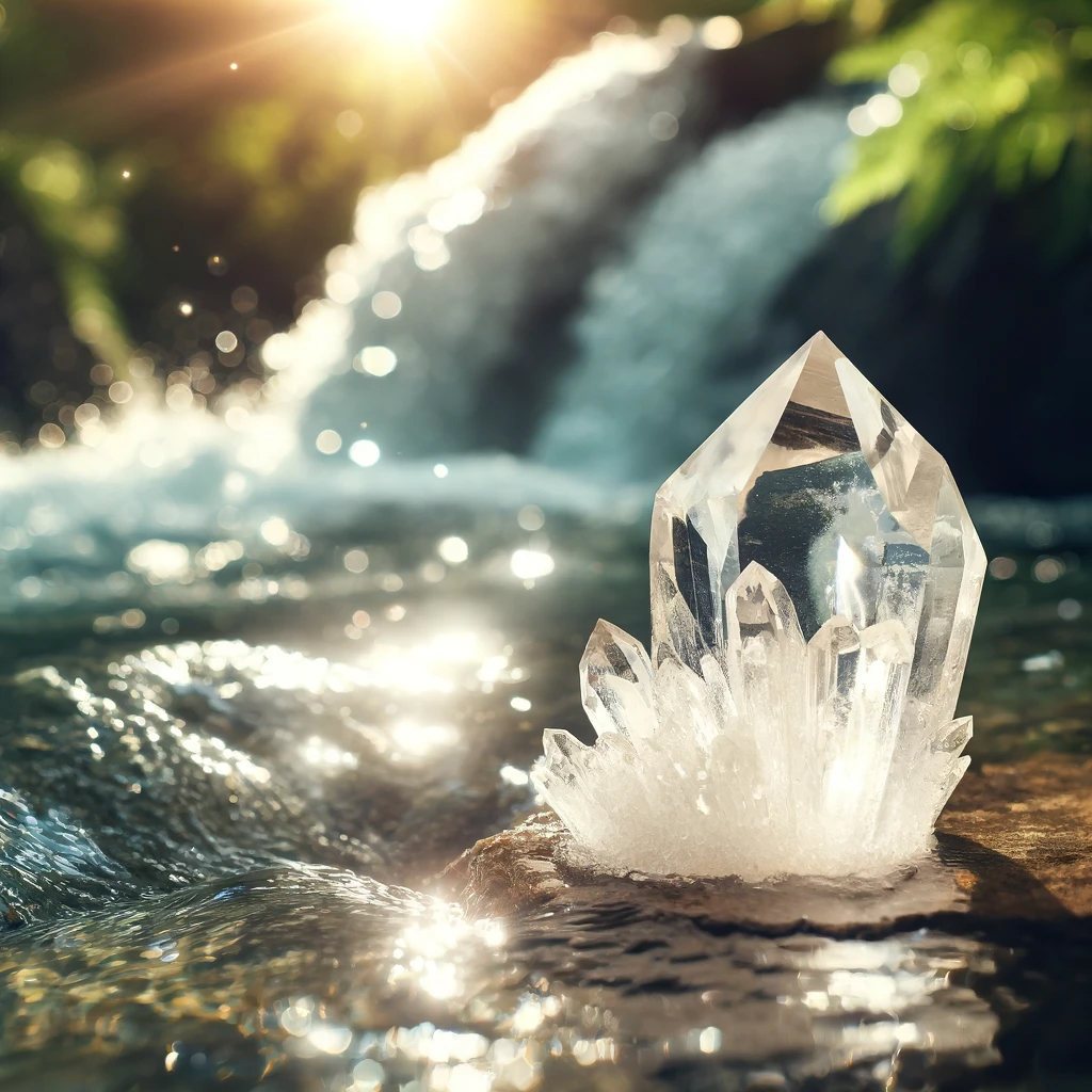 DALL%C2%B7E 2025 01 21 22.06.30 A clear quartz crystal cluster placed under flowing water with sunlight reflecting off the crystal. The setting emphasizes cleansing and purification  - 水晶が強い理由｜スピリチュアル効果と相性の良い使い方