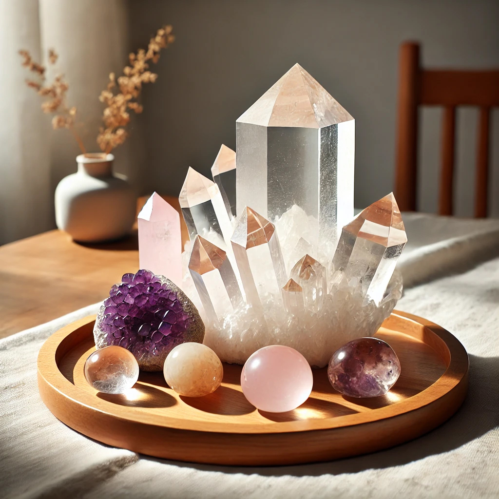 DALL%C2%B7E 2025 01 21 22.07.03 A serene display featuring a polished clear quartz crystal cluster alongside amethyst rose quartz and citrine stones all arranged harmoniously on a - 水晶が強い理由｜スピリチュアル効果と相性の良い使い方