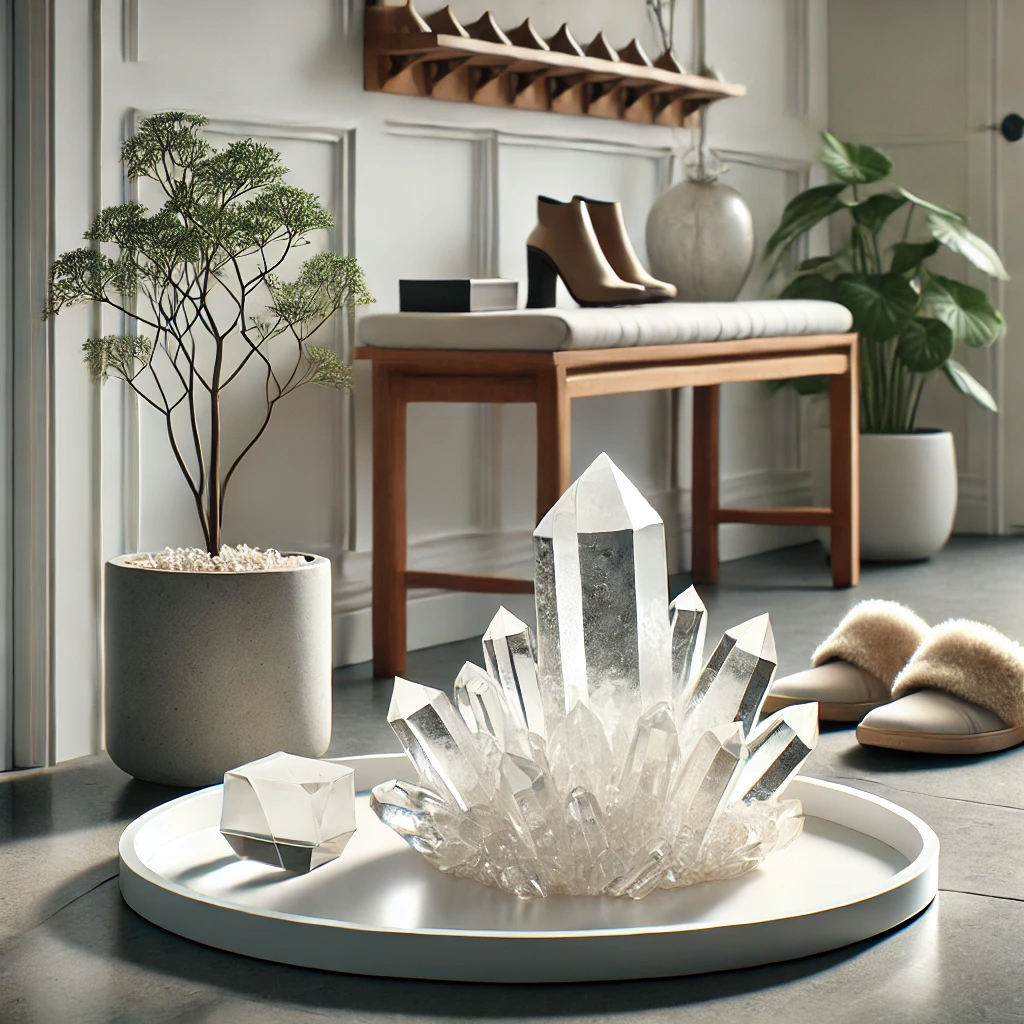 DALL%C2%B7E 2025 01 21 22.22.42 A polished clear quartz crystal cluster beautifully displayed on a sleek white tray in a stylish and minimalist entrance. The setup includes a small p - 玄関に水晶を置く置き方｜理由と効果を徹底解説