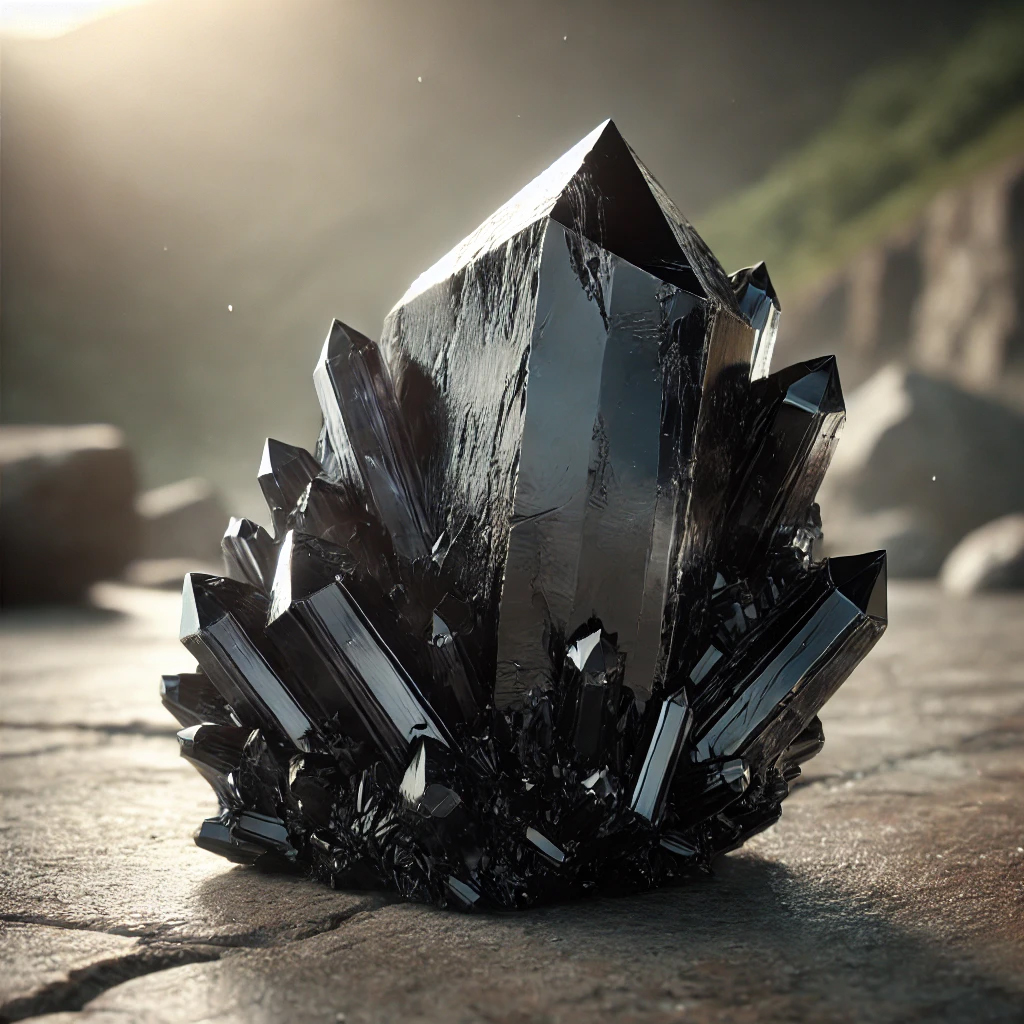 DALL%C2%B7E 2025 01 26 22.17.35 A photorealistic digital illustration of a raw morion crystal black quartz placed on a natural stone surface. The crystal features its natural rugge - 生霊除けブレスレットの効果と選び方！最強のパワーストーンを活用する方法