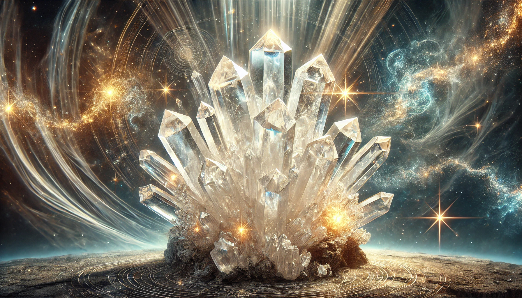 DALL%C2%B7E 2025 01 27 11.24.13 A highly detailed depiction of a quartz crystal cluster featuring multiple clear and vibrant crystal points emerging from a natural rocky base. The c - 水晶が強い理由｜スピリチュアル効果と相性の良い使い方