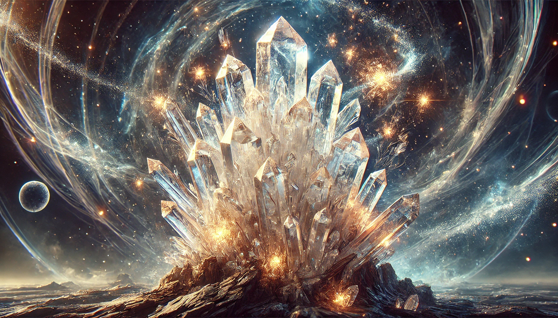 DALL%C2%B7E 2025 01 27 11.25.08 A highly detailed depiction of a quartz crystal cluster featuring multiple clear and sharp crystal points emerging from a natural rugged rocky base - 水晶が強い理由｜スピリチュアル効果と相性の良い使い方