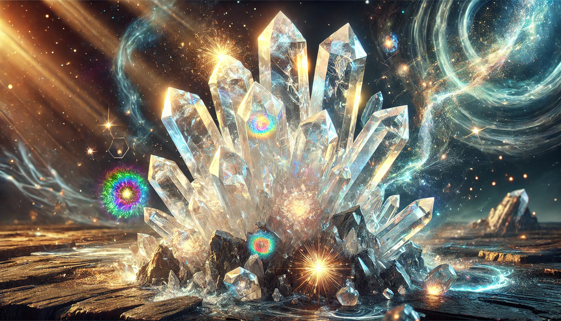 DALL%C2%B7E 2025 01 27 11.25.53 A highly detailed depiction of a quartz crystal cluster featuring multiple clear and sharp crystal points emerging from a natural rugged rocky base - 水晶が強い理由｜スピリチュアル効果と相性の良い使い方