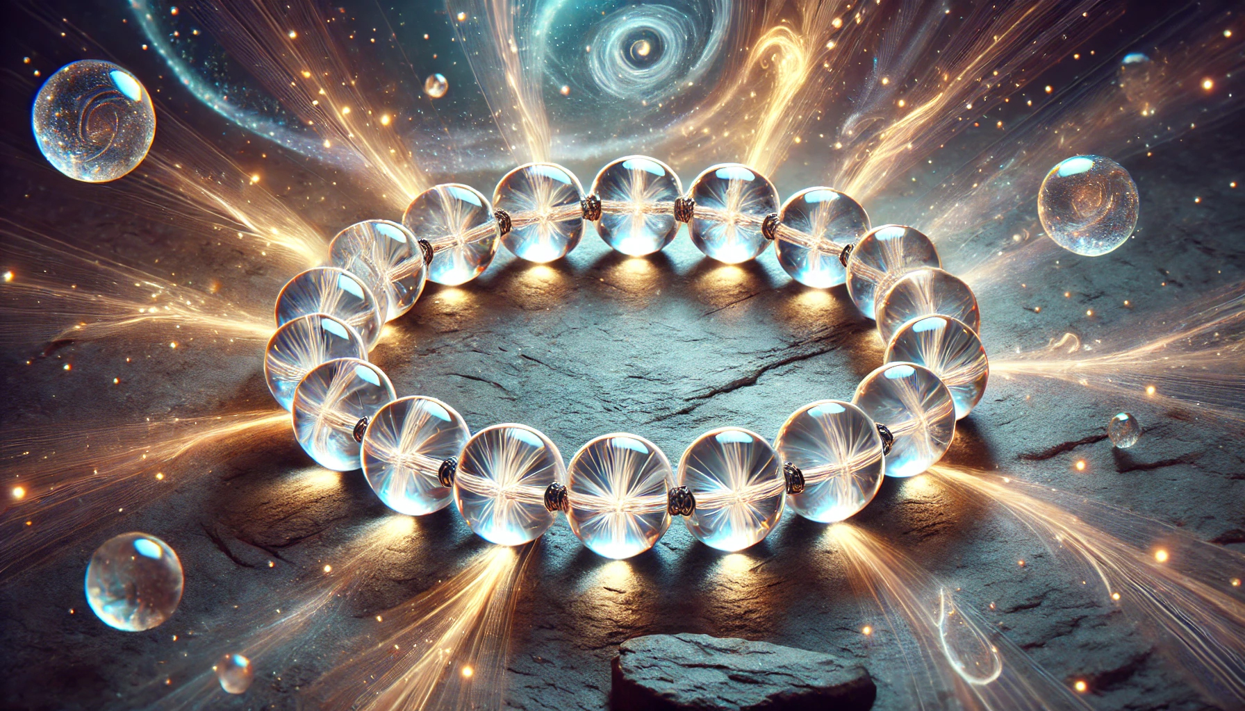DALL%C2%B7E 2025 01 27 11.36.17 A highly detailed depiction of a full quartz crystal bracelet featuring polished clear crystal beads strung together in a seamless full circle desi - 水晶が強い理由｜スピリチュアル効果と相性の良い使い方