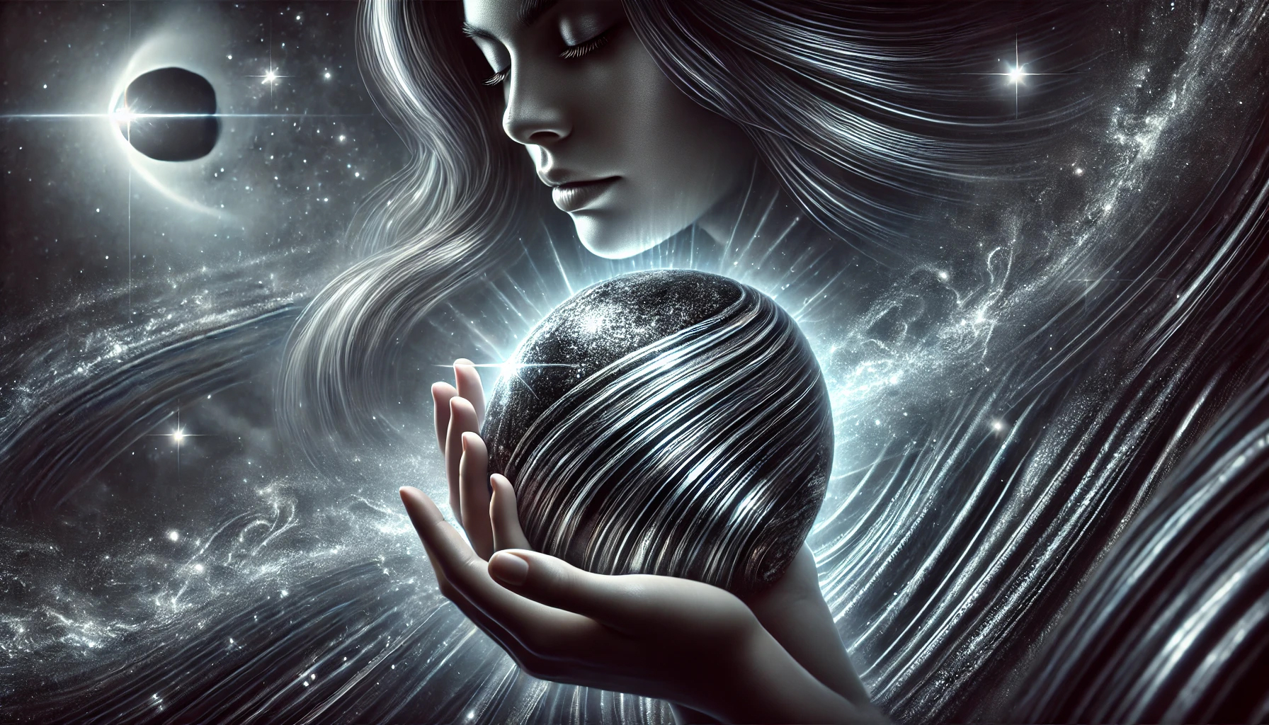 DALL%C2%B7E 2025 01 30 12.12.23 A highly detailed depiction of a mystical hematite stone featuring its smooth metallic black and silver textured surface radiating a strong groundi - ヘマタイトは本当に持ち主を選ぶのか？スピリチュアルな真実を探る
