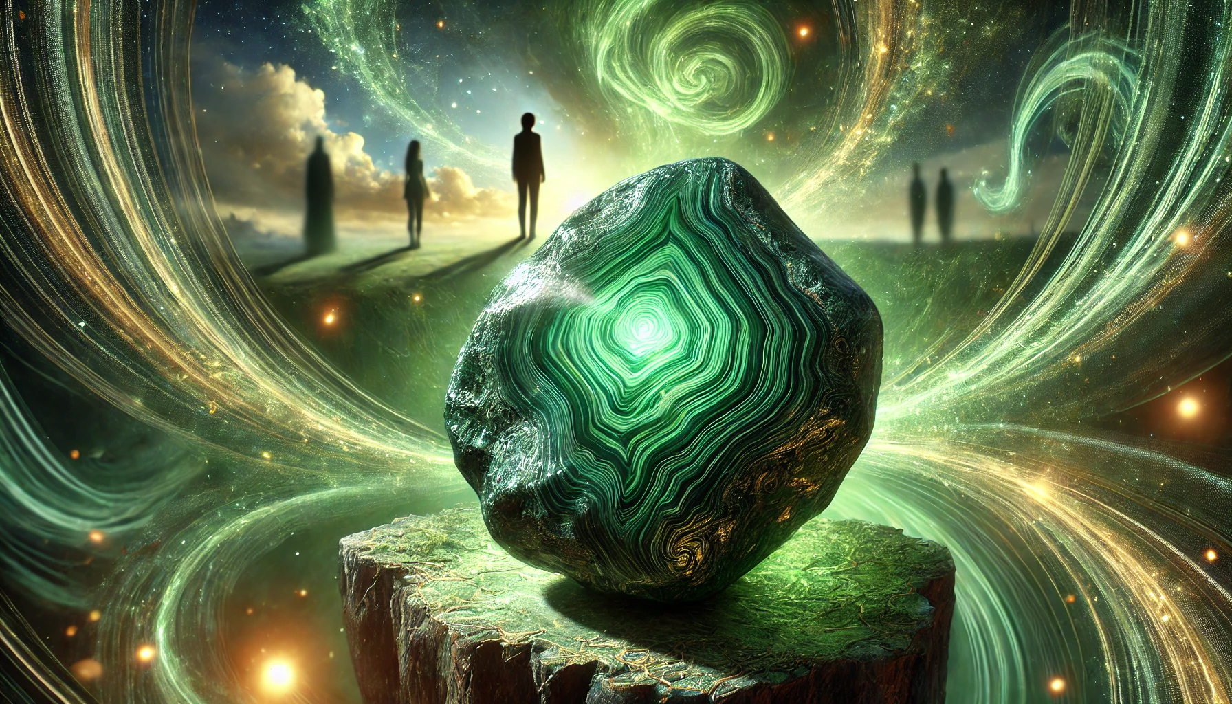 DALL%C2%B7E 2025 01 30 23.59.09 A highly detailed depiction of a raw malachite stone featuring its deep green color with intricate swirling patterns radiating a strong protective e - いじめから守るマラカイトの秘密｜効果的な使い方と体験談