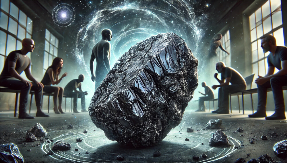 DALL%C2%B7E 2025 02 08 15.35.26 A highly detailed depiction of a raw hematite stone featuring its dark metallic gray color with a rugged unpolished surface radiating a strong prot - ヘマタイトのいじめ対策効果と体験談｜正しい使い方ガイド
