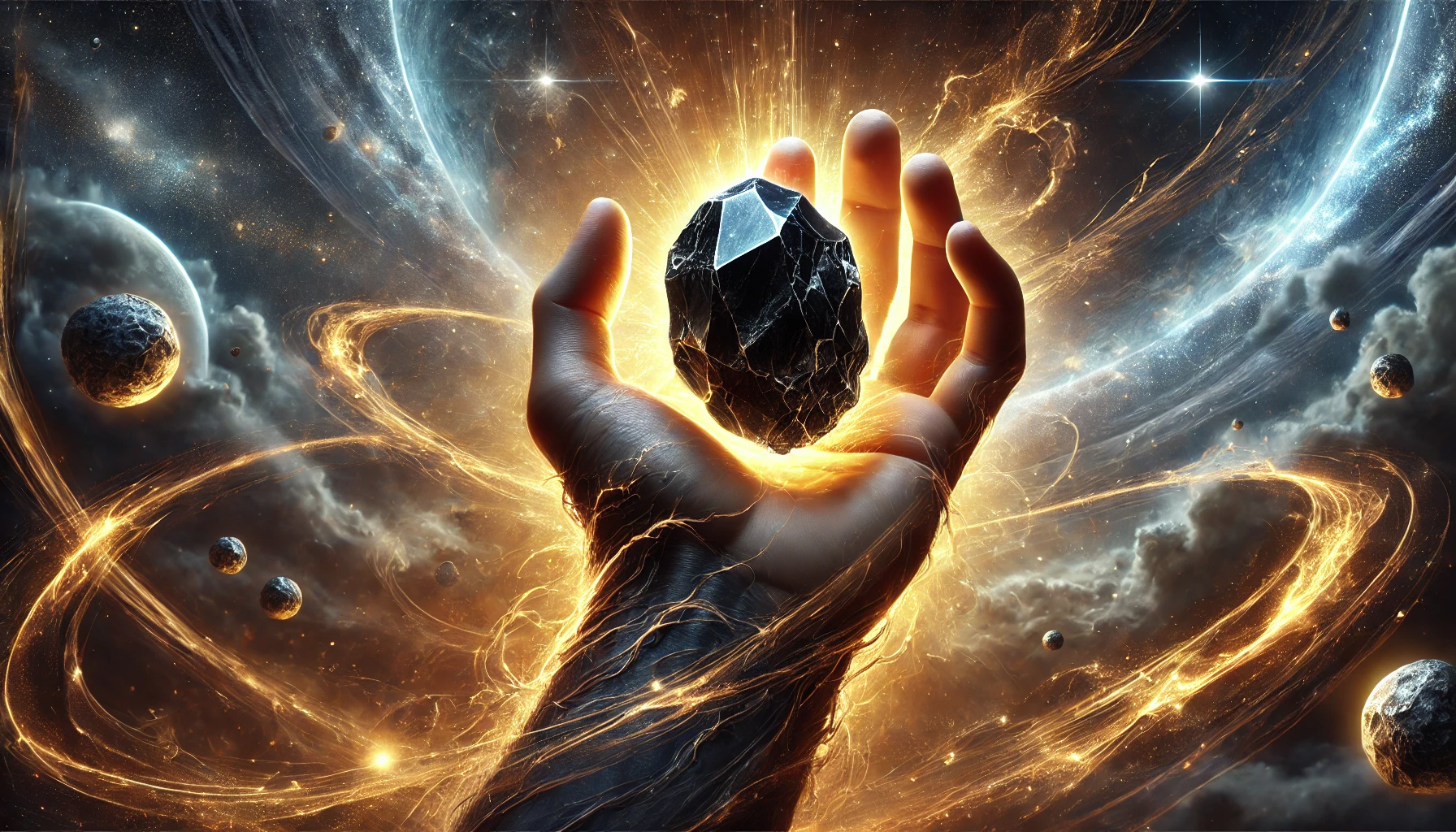 DALL%C2%B7E 2025 02 11 21.39.21 A digital painting of a raw black onyx gemstone with a rugged unpolished surface gently cradled in an open hand. The hand is illuminated by a golden - オニキスの石言葉は何？｜魔除け・成功・冷静の意味とは