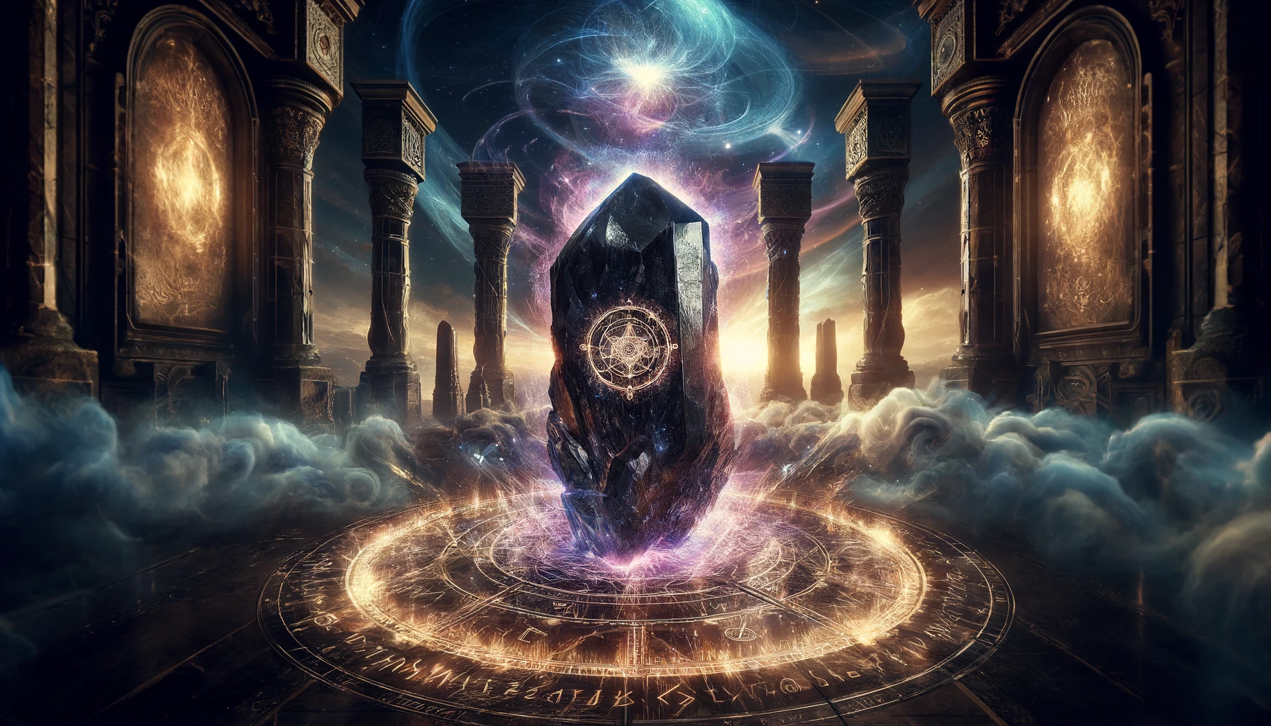 DALL%C2%B7E 2025 02 16 18.17.03 A mystical and powerful composition featuring a raw unpolished Morion %E3%83%A2%E3%83%AA%E3%82%AA%E3%83%B3 crystal known as the strongest protective and warding stone. The Morion - モリオンの意味とは？最強の魔除け石が持つスピリチュアルな力