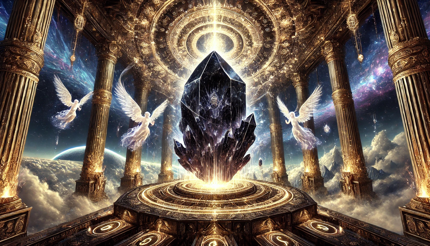 DALL%C2%B7E 2025 02 16 18.18.58 A mystical and powerful composition featuring an enormous raw unpolished Morion %E3%83%A2%E3%83%AA%E3%82%AA%E3%83%B3 crystal known as the strongest protective and warding stone.  - モリオンの意味とは？最強の魔除け石が持つスピリチュアルな力