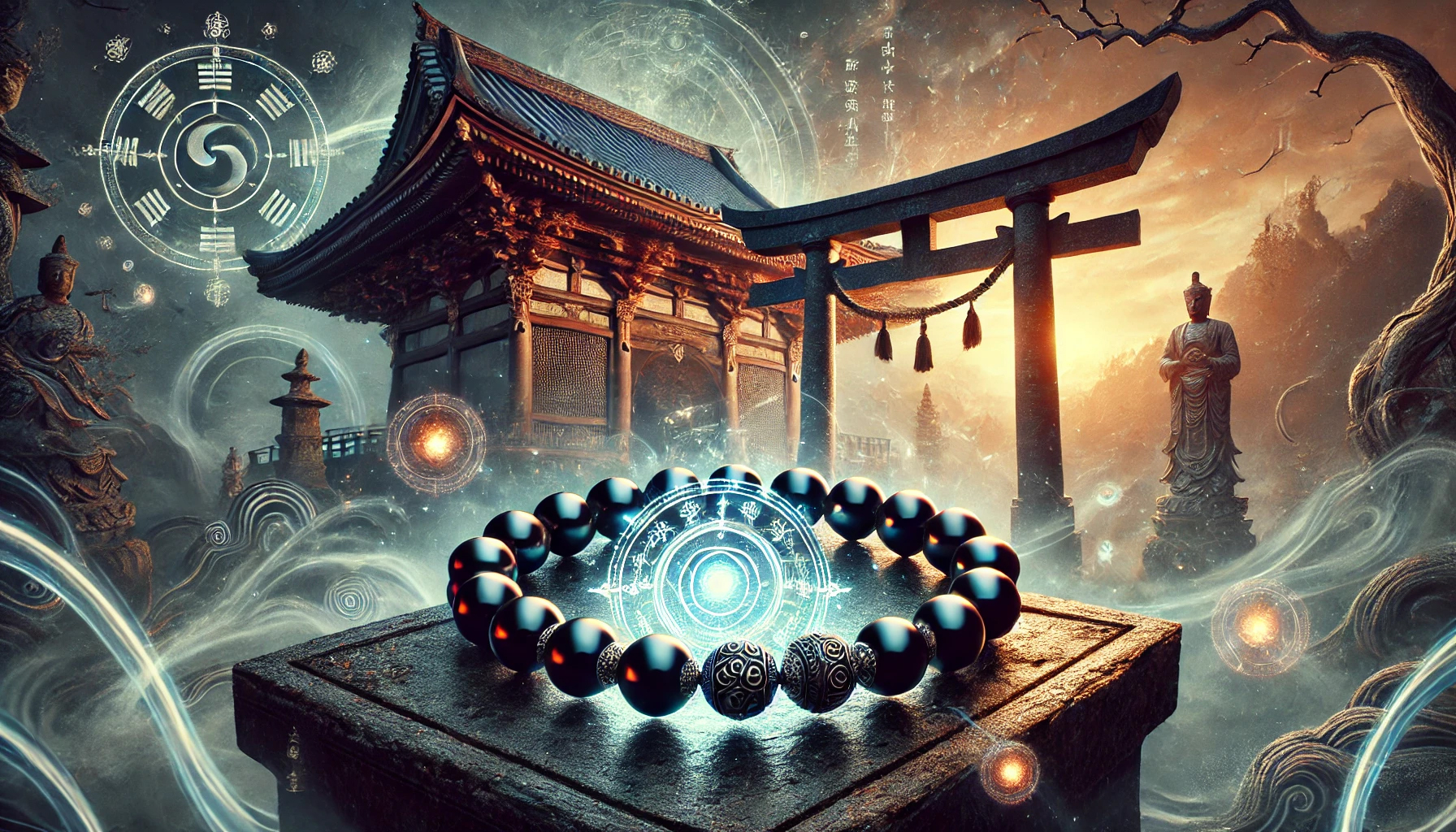 DALL%C2%B7E 2025 02 16 18.20.12 A mystical and powerful composition featuring a Morion %E3%83%A2%E3%83%AA%E3%82%AA%E3%83%B3 prayer bead bracelet and mala beads known for their strong protection against negative  - モリオンの意味とは？最強の魔除け石が持つスピリチュアルな力