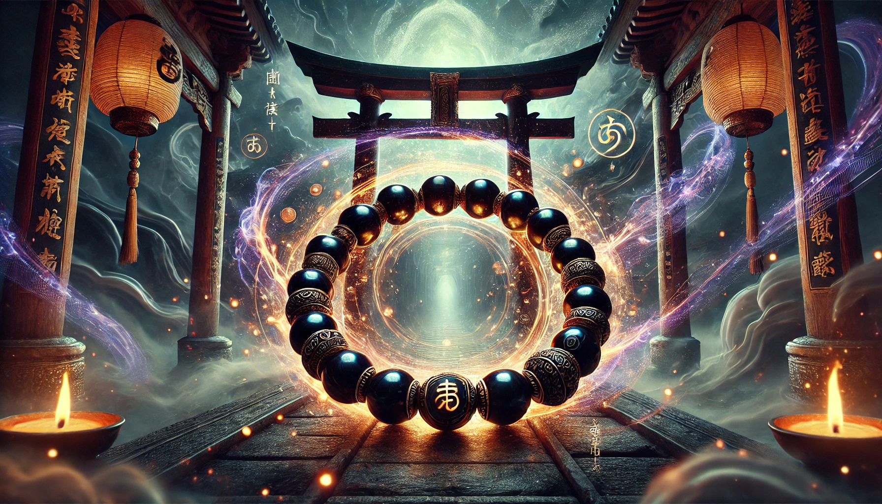 DALL%C2%B7E 2025 02 16 18.21.16 A mystical and powerful composition featuring a Morion %E3%83%A2%E3%83%AA%E3%82%AA%E3%83%B3 prayer bead bracelet and mala beads known for their strong protection against negative  - モリオンの意味とは？最強の魔除け石が持つスピリチュアルな力